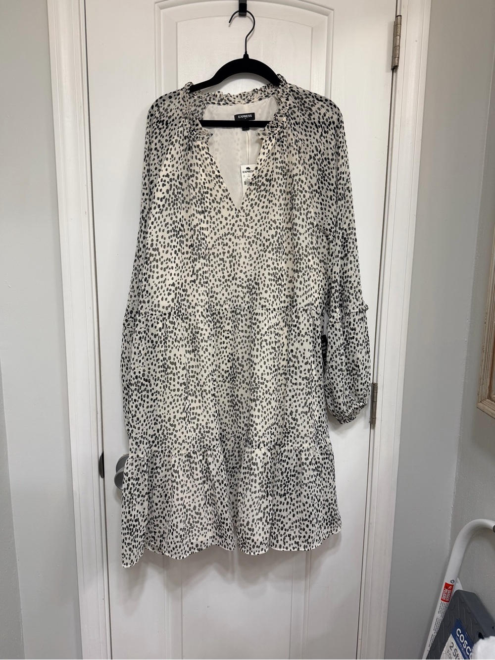 Express white and Black Spot Print Tiered Dress